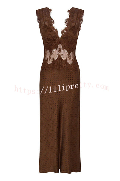 Wonderful Fusion Satin Lace Trim Poka Dot V-neck Drape Maxi Dress