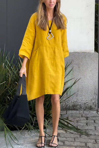 Linen Blend Solid Loose Casual Pocket Mini Dress