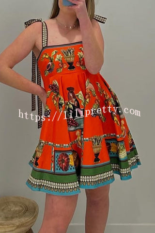 Linen Blend Unique Print Suspender Tie Casual Mini Dress