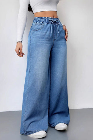 Solid Color Casual Elastic Waist Drawstring Loose Wide-leg Jeans