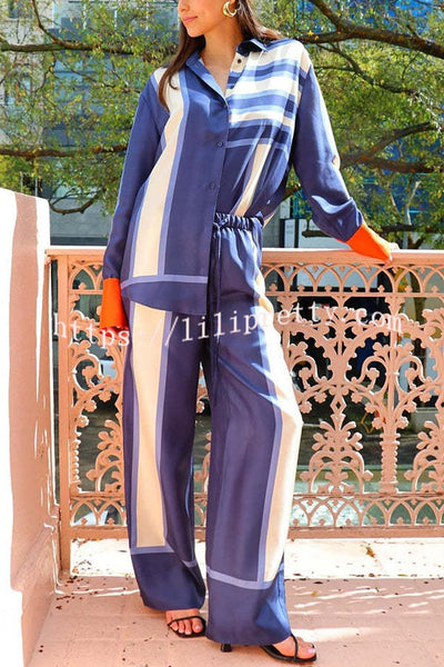 Conceptually Chic Satin Geometric Print Elastic Waist Pocketed Wide Leg Pants