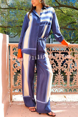 Conceptually Chic Satin Geometric Print Elastic Waist Pocketed Wide Leg Pants