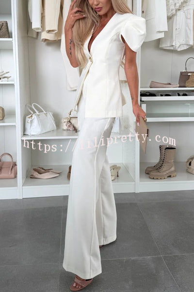 Terra Solid Color V-neck Button Puff Sleeve Blazer and Casual Pocket Straight-leg Pant Set