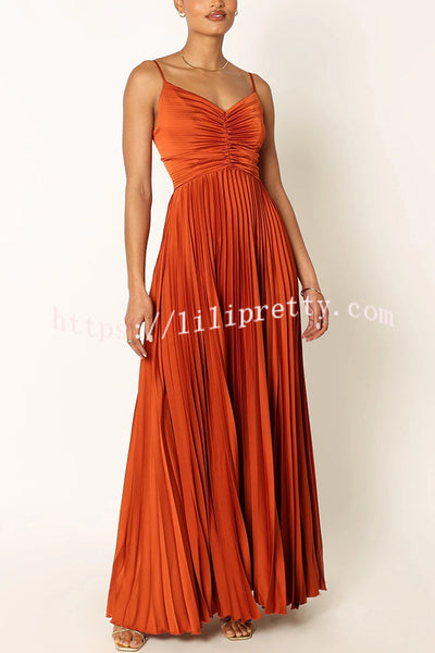 Catch The Light Satin Pleated V-neck Slip Maxi Dress