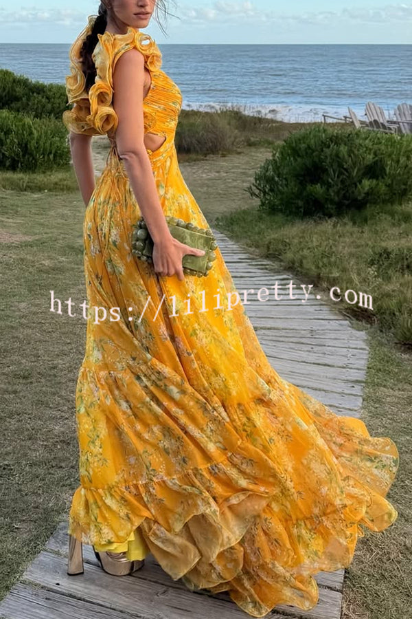 Delicate Garden Chiffon Floral Print Tiered Ruffle Cutout Back Lace-up Gown Maxi Dress