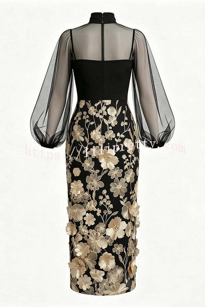 Tanie Tulle High Neck Long Lantern Sleeve 3D Floral Appliqués Hem Midi Dress