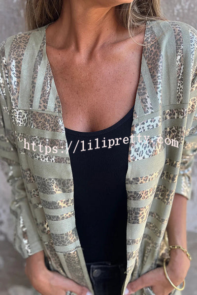 Fashionable Gold Foil Leopard Print Suede Long Sleeve Loose Pocket Midi Coat