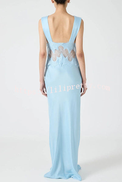 Effortless Elegance Satin Sheer Lace Patchwork V-neck Drape Maxi Dress