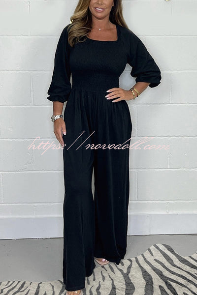 Casual and Comfortable Smocked Solid Color Wide Leg Jumpsuit