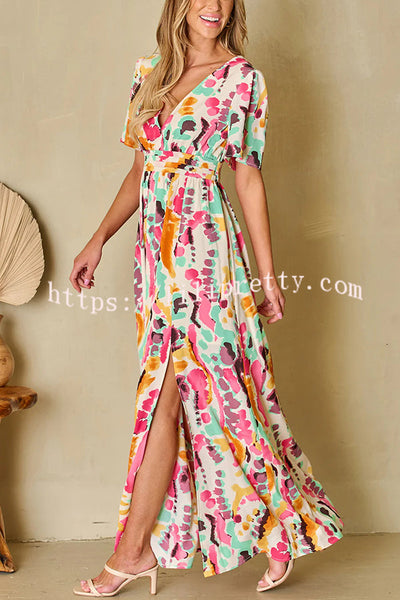 Colorful Printed Backless Lace Up Slit Maxi Dress