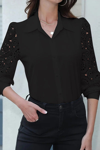 Fashionable Lace Long Sleeve Lapel Button Shirt
