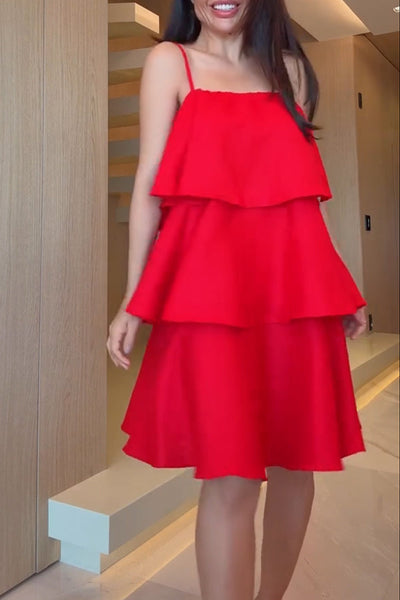 Sunlit Horizon Linen Blend Tiered Slip Square Neck A-line Mini Dress