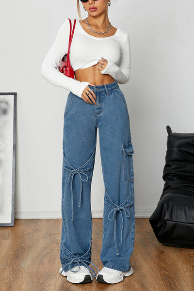 Fashion Bow Tie Workwear Loose Pocket Straight Jeans