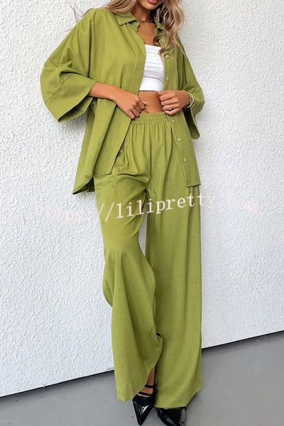 Solid Color Loose Casual Shirt and Elastic Waist Pocket Wide Leg Pants Set