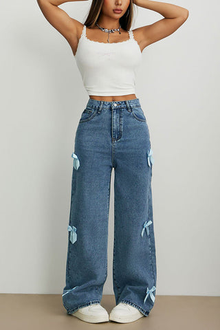 Fashion Bow Embellished High-Rise Casual Pocket Straight Jeans