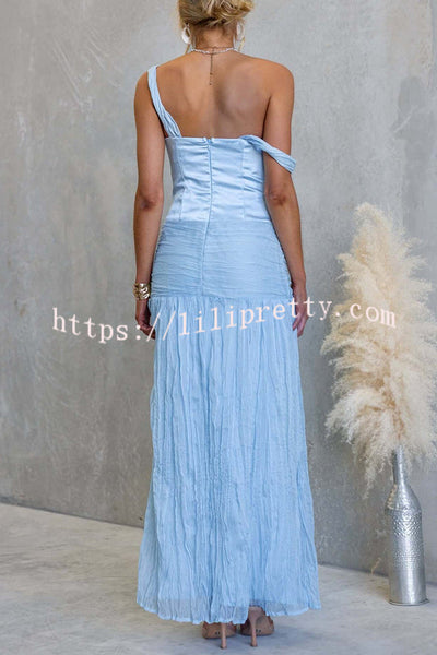 Zariyah Satin Bodice Asymmetric Neck Tie-up Waist Chiffon Hem Maxi Dress