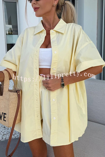 Summer Casual Loose Short-sleeved Shirt and Elastic High Waist Shorts Set