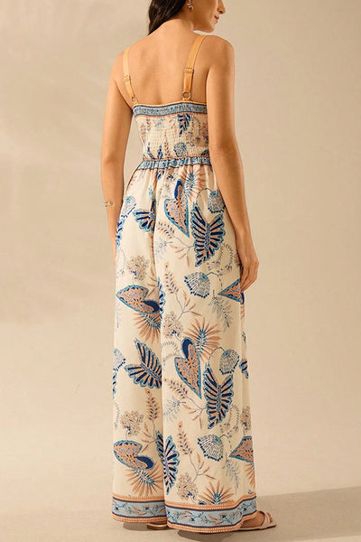 Bohemian Style Plant Print Casual Sling Holiday Loose Jumpsuit