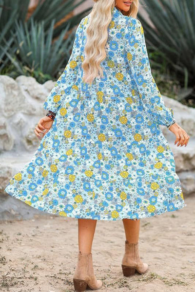 Bohemian Floral Print Loose Casual Long Sleeve Midi Dress