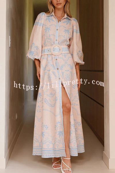 Linen Blend Lapel Puff Sleeve Casual Waist Belted Maxi Dress
