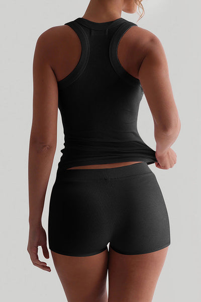 Fashionable Sports Yoga Style Sleeveless Square Neck Top and Elastic Slim Shorts Set