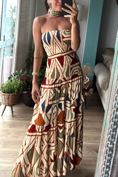Bohemian Style Unique Print Tube Top Pleated Maxi Dress