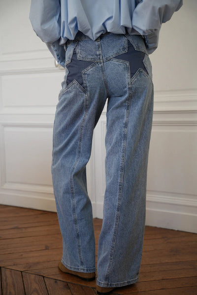 Stylish Denim Colorblock Star Patterned Mid Waist Pocket Wide Leg Jeans