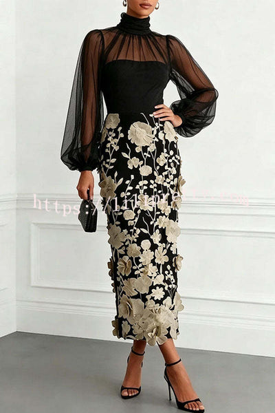 Tanie Tulle High Neck Long Lantern Sleeve 3D Floral Appliqués Hem Midi Dress