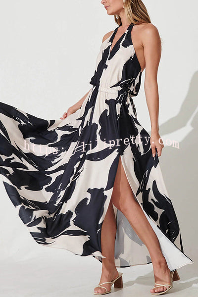 Black and White Style Floral Print Elastic Waist Halter Slit Maxi Dress
