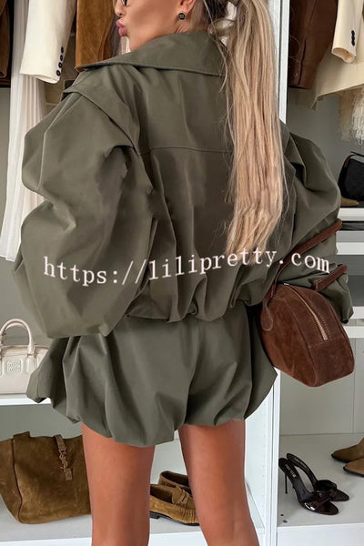 Fashion Style Button Long Balloon Sleeve Pocket Lapel Casual Bomber Jacket