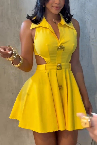 Fashion Sleeveless Lapel Metal Button Waist Cutout Mini Dress