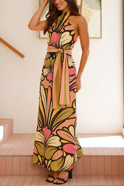Unique Print Halter Neck Waist Tie Holiday Maxi Dress