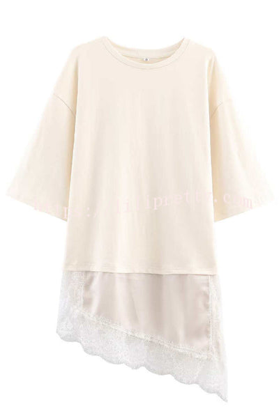 Stylish Round Neck Short-sleeved Patchwork Lace Hem Loose T-shirt