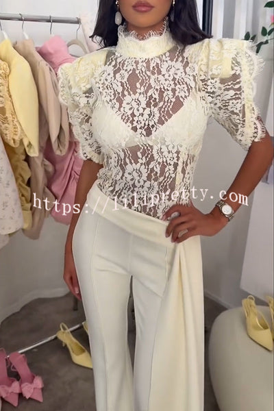 Alizah Floral Lace High Neck Ruffle Sleeve Top and Elastic Waist Drape Hem Flare Pants Set