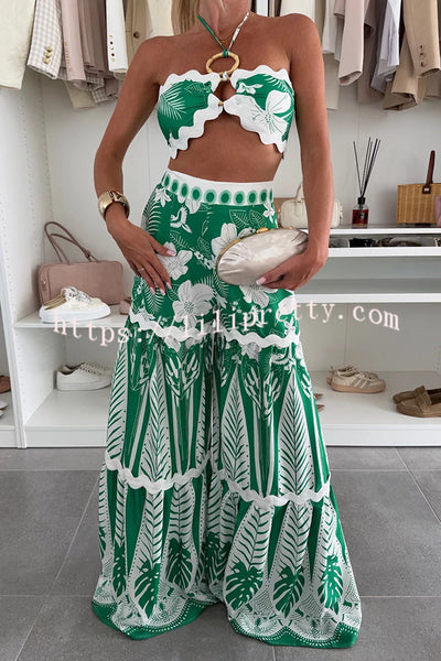 Cassie Ric Rac Trims Unique Print Halter Ring Tank and High Rise Wide Leg Pants Set