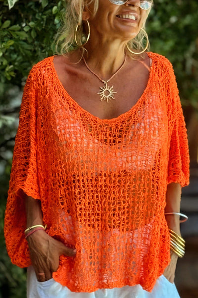 Solid Color Loose-fitting Openwork Casual Knitted Cover-up Top