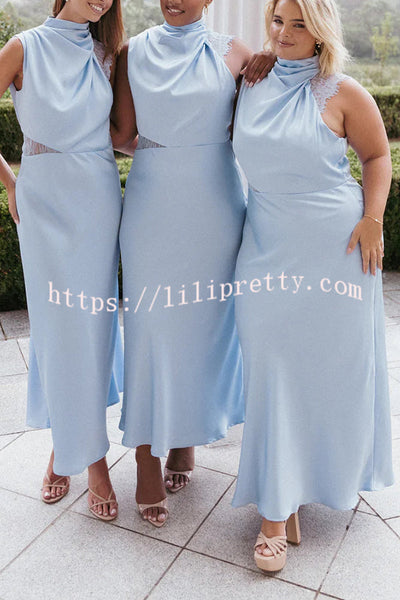 Touch of Allure Satin Drape High Neck Lace Detail Maxi Dress