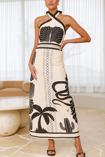 Shell Print Holiday Style Halter Neck Maxi Dress