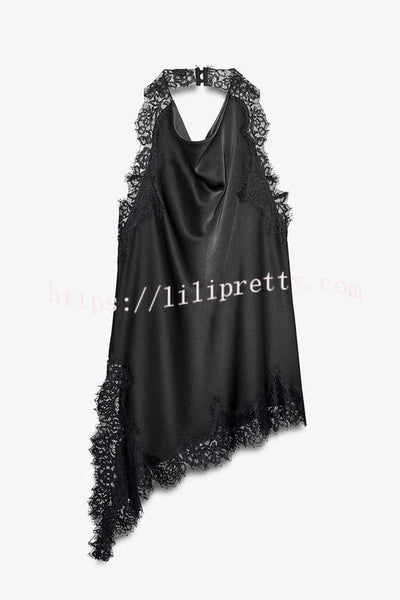 Dolly Satin Lace Trim Halter Cowl Neck Asymmetric Hem Tank
