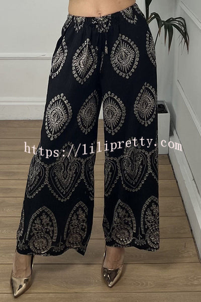 Unique Print Elastic Waist Casual Pocket Wide Leg Pants