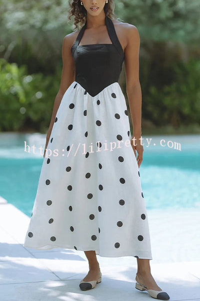 Kai Linen Blend Colorblock Polka Dot Print Halter Pocketed Midi Dress