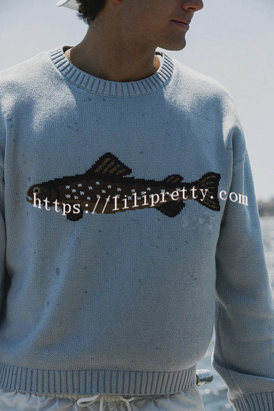 Fashionable Fish Pattern Round Neck Loose Knitted Sweater