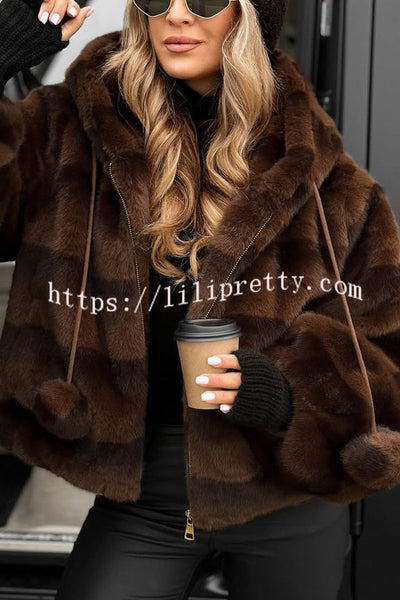Winter Latte Gradient Print Ribbed Balloon Sleeve Hooded Loose Plush Coat