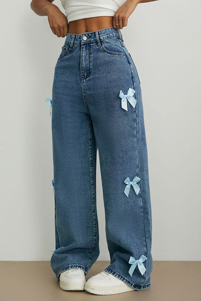 Fashion Bow Embellished High-Rise Casual Pocket Straight Jeans