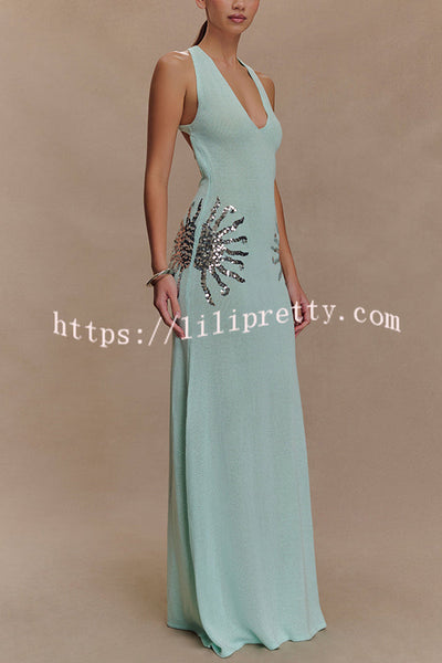 Sparkling Nights Knit Sunburst Sequin Detail Back Cross Straps Stretch Maxi Dress