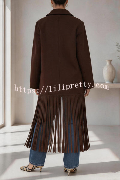 Street Style Wool Blend Long Sleeve Pocket Tassel Trim Lapel Midi Coat