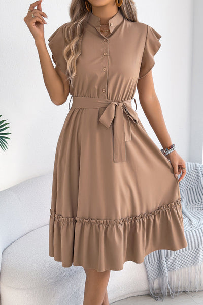 Solid Color Stand Collar Button Waist Tie Casual Midi Dress