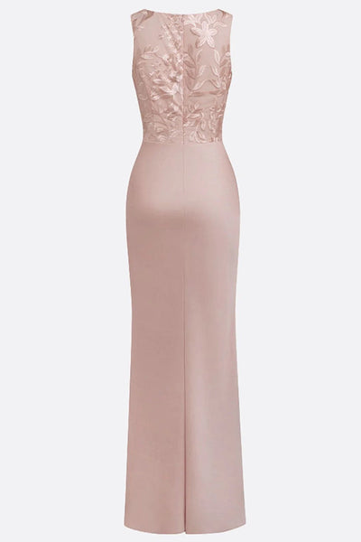 Vera Mesh Embroidery Satin Ruched Crew Neck Sleeveless Gown Maxi Dress