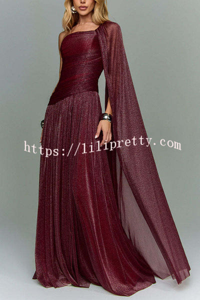 Maison Lurex Shimmer Ethereal One-Shoulder Draped Maxi Dress
