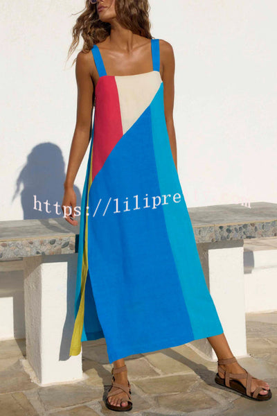 Fashionable Color-blocked Printed Square Neck Sleeveless Vacation-style Maxi Dress